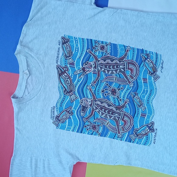 Vintage 90s Austrailia Aboriginal Art Crocodile Dreaming Graphic Single Stitch T - Picture 1 of 7